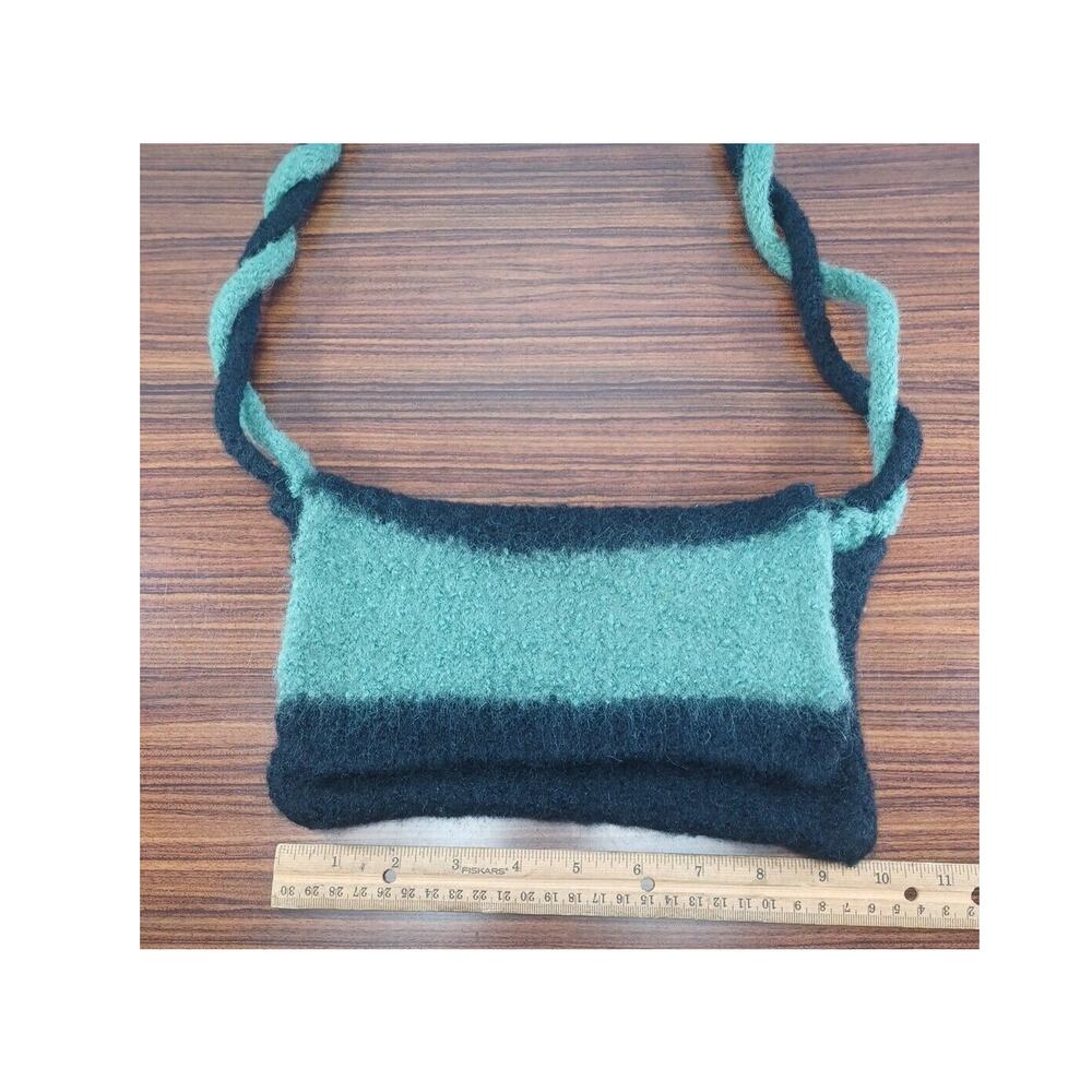 Handmade Knitted Striped Purse Green & Black Twist Handle Unique - Picture 2 of 6